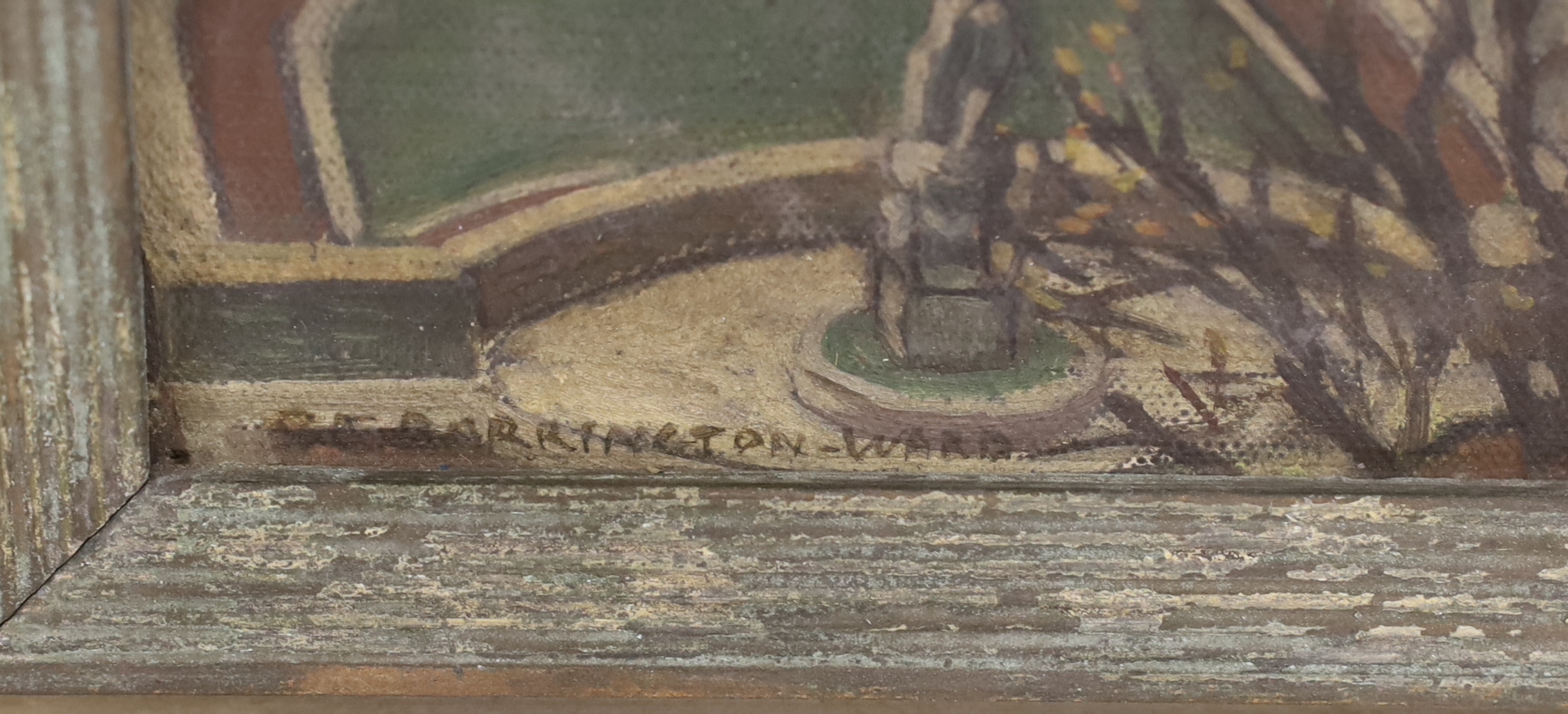 S.E. Barrington-Ward, oil on canvas, Townscape view from an upper storey, signed, 16.5 x 14cm